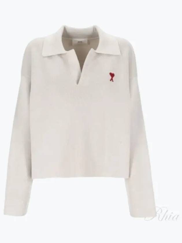 Small Heart Long Sleeve Polo Shirt White - AMI - BALAAN 2