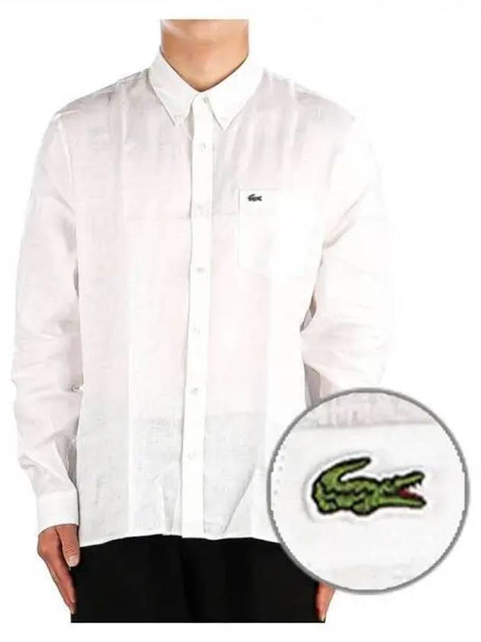 Logo Patch Linen Long Sleeve Shirt White - LACOSTE - BALAAN 2