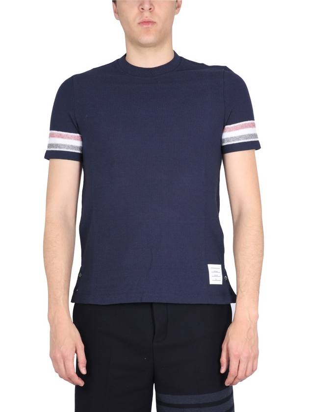 Textured Cotton Stripe Short Sleeve T-Shirt Navy - THOM BROWNE - BALAAN 2