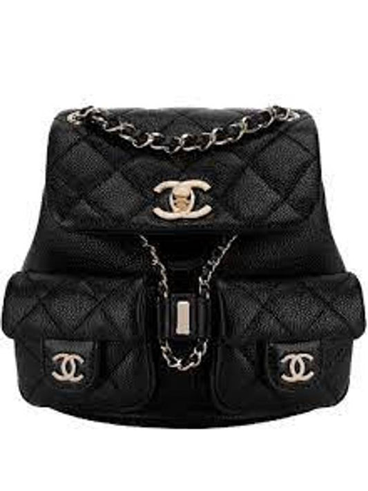 Duma Small Two Pocket Grained Shiny Calfskin Gold Metal Backpack Black - CHANEL - BALAAN 1