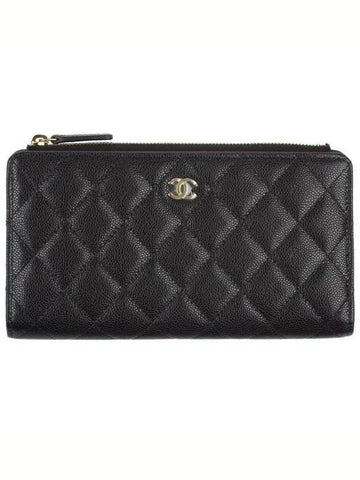 CC Gold Logo Classic Zipper Caviar Long Wallet Black - CHANEL - BALAAN 1