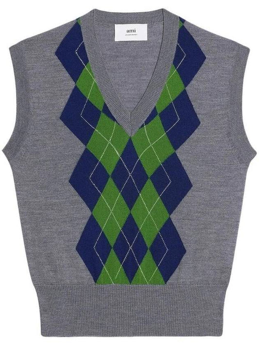 Women s Argyle Intarsia Merino Wool Vest Gray - AMI - BALAAN 1