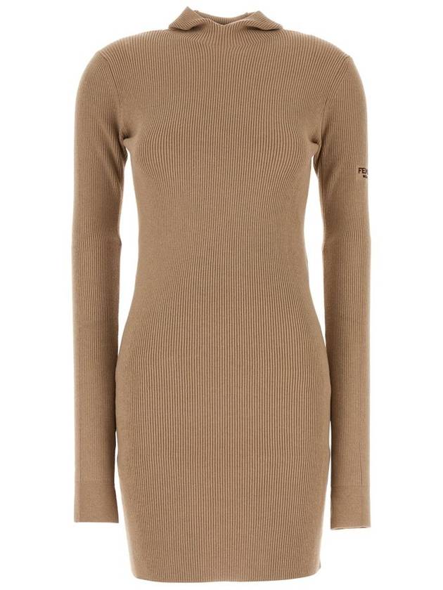 Long Sleeve Hooded Wool Silk Short Dress Beige - FENDI - BALAAN 2