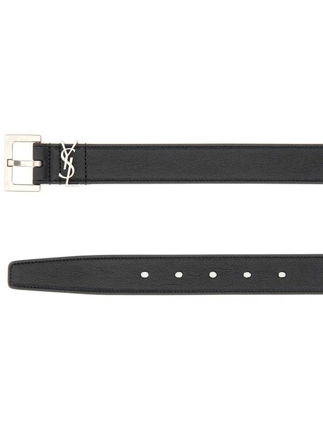 Silver Hardware Monogram Buckle Leather Belt Black - SAINT LAURENT - BALAAN 3