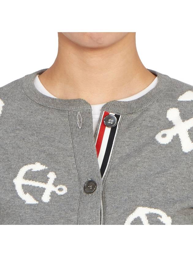 Cotton Anchor Intarsia 4-Bar Crewneck Cardigan Grey - THOM BROWNE - BALAAN 9