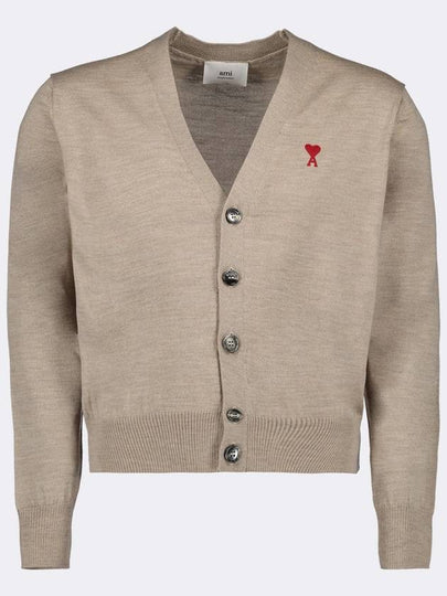 Red Heart Logo Merino Wool Cardigan Beige - AMI - BALAAN 2