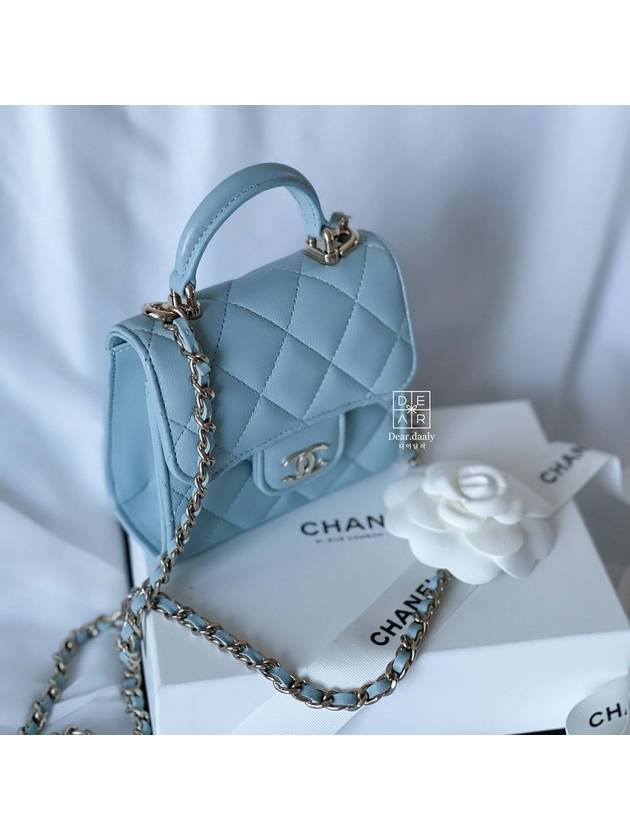 Gold CC Logo Top Handle Lambskin Chain Mini Bag Light Blue - CHANEL - BALAAN.