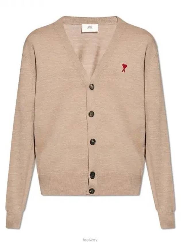 Red Heart Logo Merino Wool Cardigan Beige - AMI - BALAAN 2