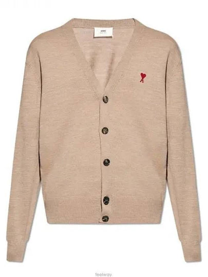 Red Heart Logo Merino Wool Cardigan Beige - AMI - BALAAN 2