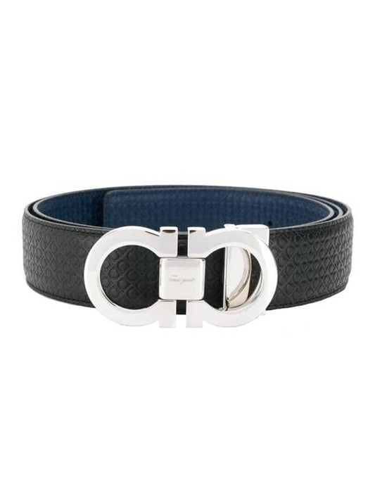 Double Gancini Reversible Leather Belt Black Fiore Blue - SALVATORE FERRAGAMO - BALAAN 1