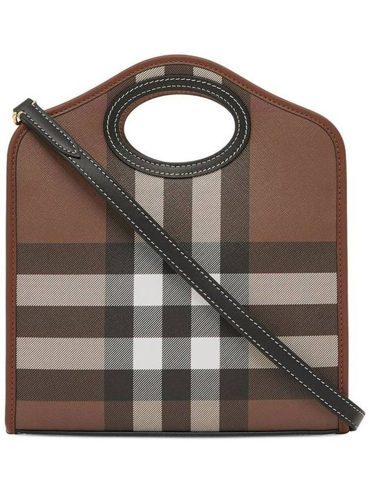 Mini Pocket Checked Leather Tote Bag Dark Burch Brown - BURBERRY - BALAAN 2