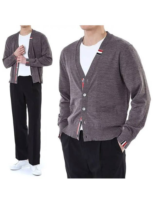 Men's Jersey Stitch V-Neck Cardigan Brown - THOM BROWNE - BALAAN 2