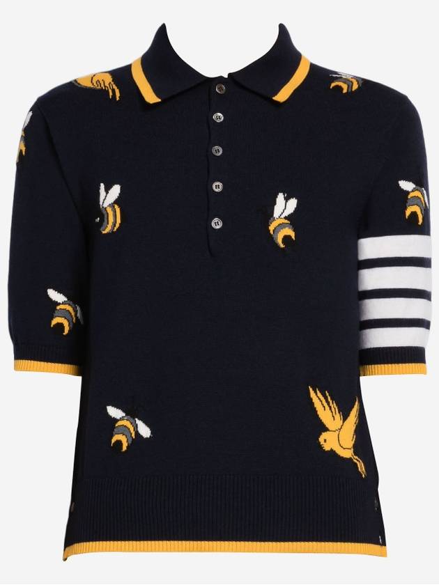 Men's Bird Bee Half Drop 4 Bar Merino Cotton Short Sleeve Polo Shirt Navy - THOM BROWNE - BALAAN 2