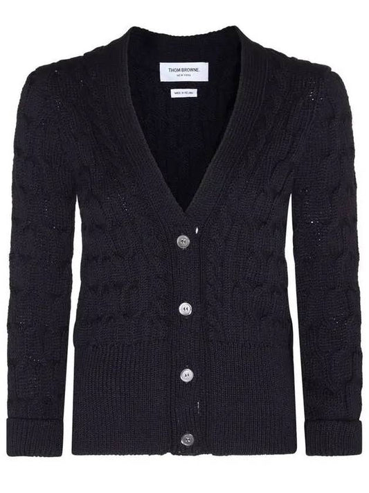 Merino Wool Crisscross Cable Stitch 3/4 Sleeve V-Neck Cardigan Navy - THOM BROWNE - BALAAN 2