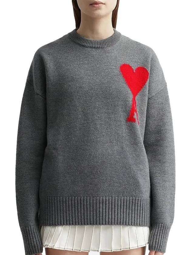 Intarsia Big Heart Logo Wool Knit Top Grey - AMI - BALAAN 3