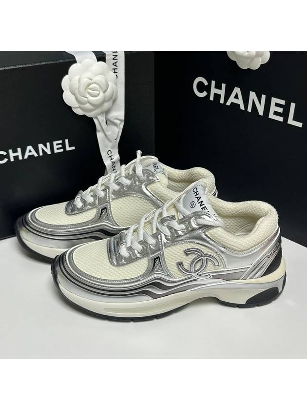 Fabric Laminated Low Top Sneakers Silver - CHANEL - BALAAN 2