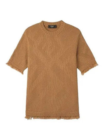 Logo knit short sleeve t shirt brown - FENDI - BALAAN 1