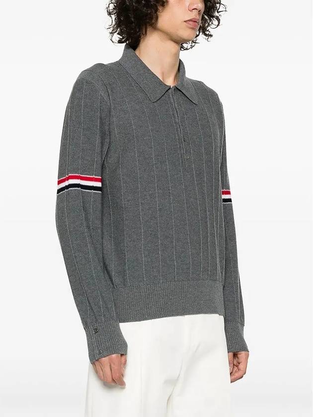 Striped Virgin Wool Long Sleeve Polo Shirt Grey - THOM BROWNE - BALAAN 5