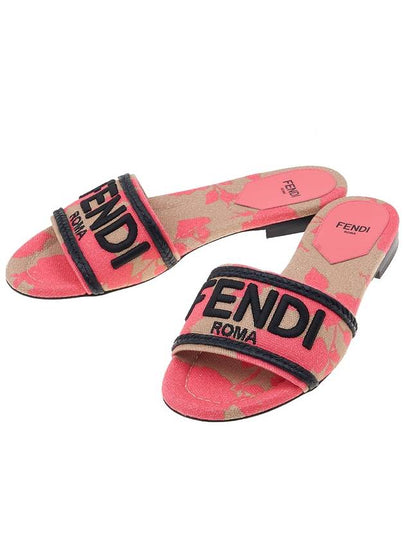 Rose Print Embroidered Logo Canvas Slide Slippers Pink - FENDI - BALAAN 2