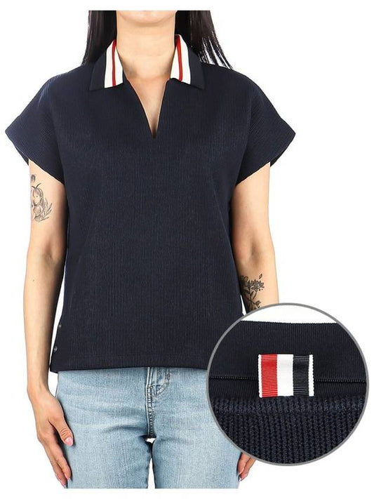 Women's Cricket Stripe Lightweight Cotton Short Sleeve Polo Shirt Navy - THOM BROWNE - BALAAN 2