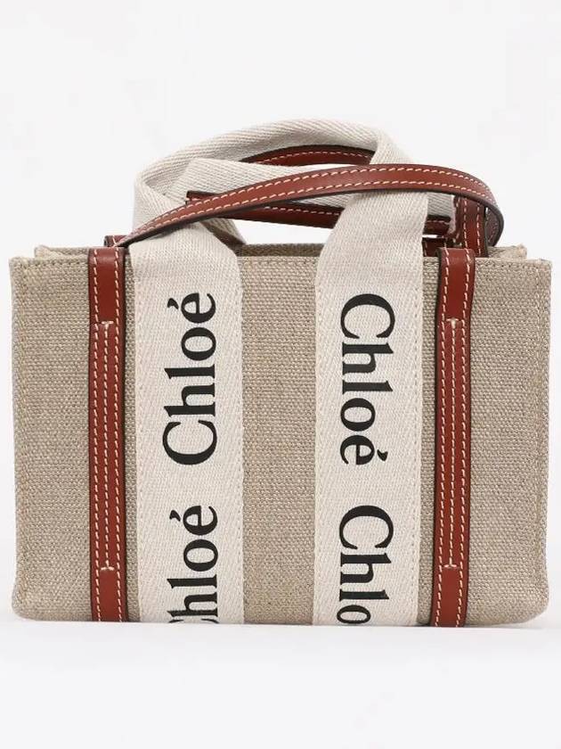 Woody Linen Canvas Calfskin Tote Bag White Brown - CHLOE - BALAAN 3