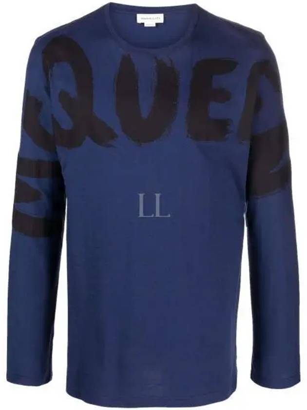 Graffiti Logo Print Cotton Short Sleeve T-Shirt Blue - ALEXANDER MCQUEEN - BALAAN 2