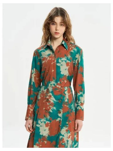 Women s Boxy Loose Shirt Blouse Southern Conceard Placket Bouquet Cameo Print Crepe Di Chine Rust Emerald Green Domestic Product GM0023110726354 - MAISON KITSUNE - BALAAN 1