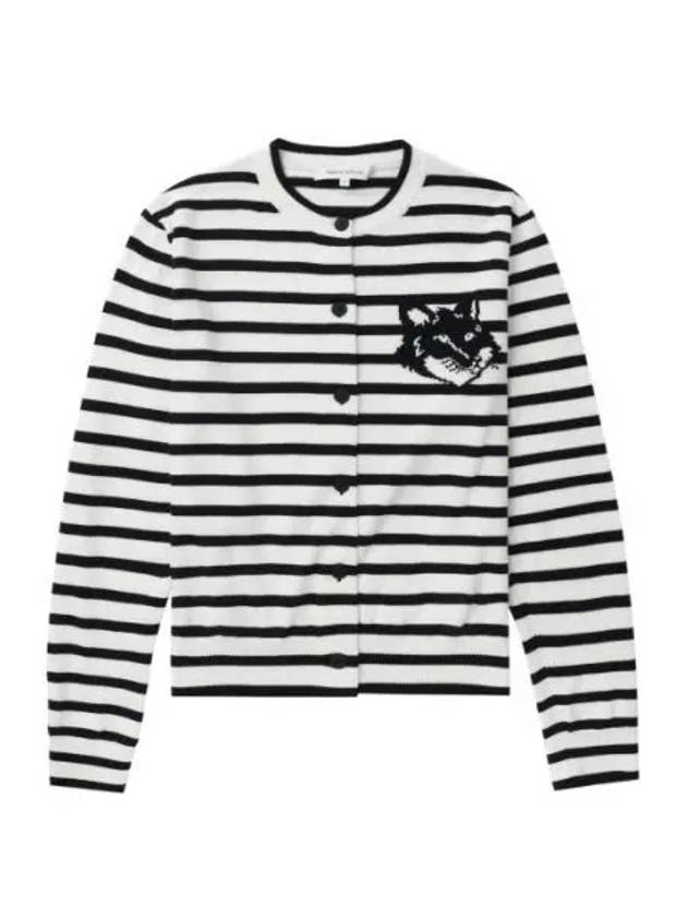 Fox Head Intarsia Regular Striped Cardigan Black White - MAISON KITSUNE - BALAAN 2