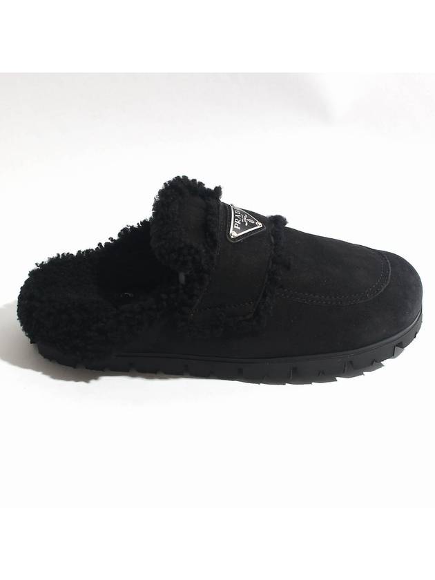 Women's Triangle Logo Shearling Lining Slippers Black - PRADA - BALAAN 2