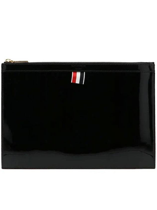 Leather Zipper Tablet Small Clutch Bag Black - THOM BROWNE - BALAAN.