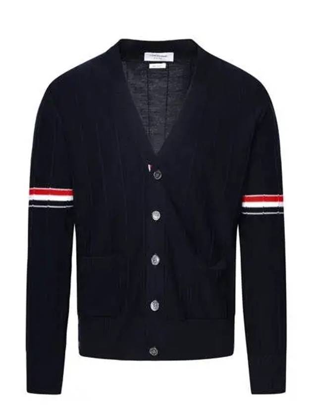 RWB V-neck Striped Virgin Wool Cardigan Navy - THOM BROWNE - BALAAN 2