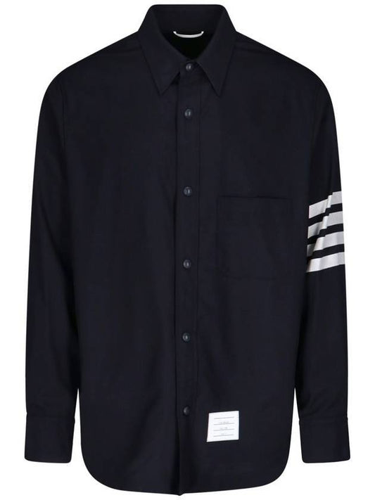 4 Bar Stripe Plain Weaving Wool Long Sleeve Shirt Navy - THOM BROWNE - BALAAN 1