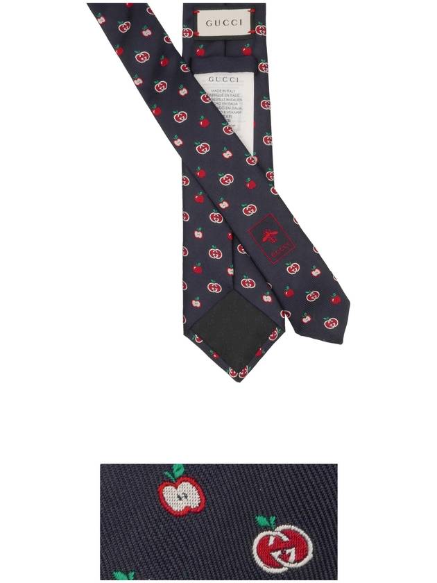 Men's Interlocking G Logo Apple Pattern Slim Silk Tie Navy - GUCCI - BALAAN 4