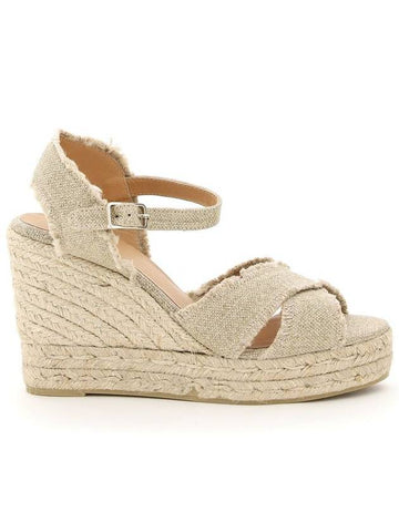 Beige Wedge Sandals With Criss-Crossed Straps In Canvas And Straw Woman Castaner - CASTANER - BALAAN 1