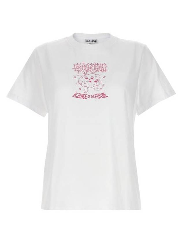 Pink Relax Bunny Logo Print Orc Cotton Short Sleeve T-Shirt White - GANNI - BALAAN 1