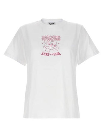 Pink Relax Bunny Logo Print Orc Cotton Short Sleeve T-Shirt White - GANNI - BALAAN 1