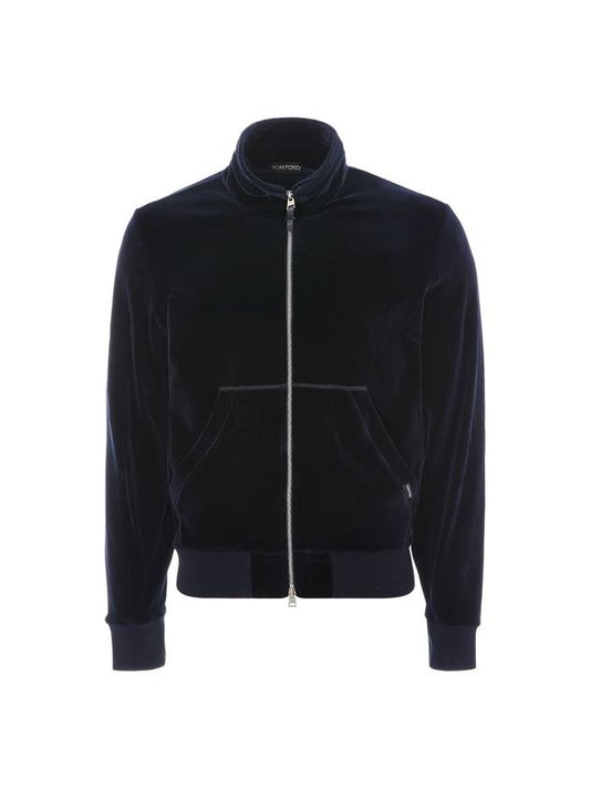 High Neck Zipper Bomber Velor Track Jacket Navy - TOM FORD - BALAAN.