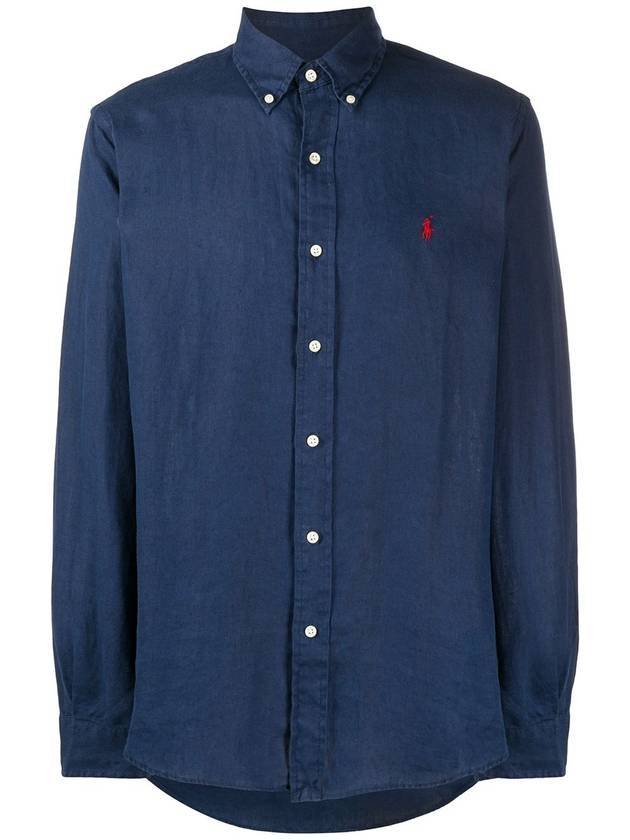 Men's Pony Embroidery Linen Oxford Long Sleeve Shirt Blue - POLO RALPH LAUREN - BALAAN 1