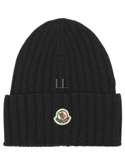 Logo Patch Wool Beanie Black - MONCLER - BALAAN 2