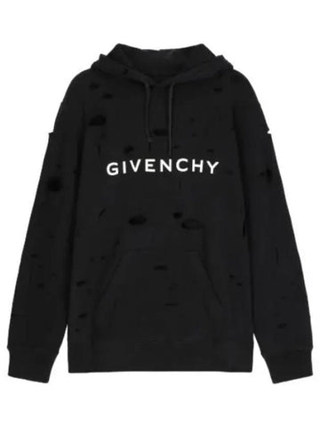 Destroyed Melton Hooded Faded Black T Shirt Hoodie - GIVENCHY - BALAAN 1