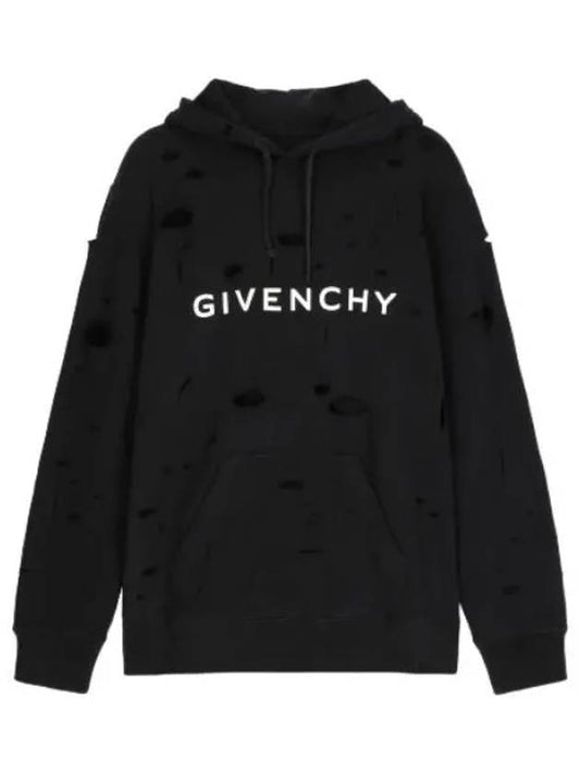 Destroyed Melton Hooded Faded Black T Shirt Hoodie - GIVENCHY - BALAAN 1