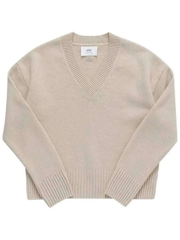 Crop Wool Cashmere Blend Knit Top Beige - AMI - BALAAN 5