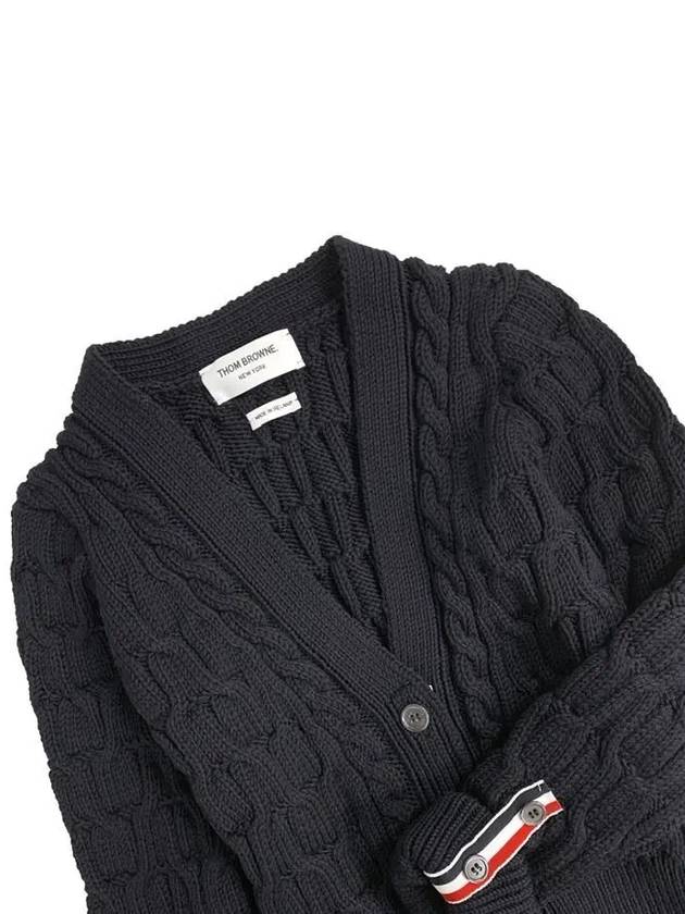 Merino Wool Crisscross Cable Stitch 3/4 Sleeve V-Neck Cardigan Navy - THOM BROWNE - BALAAN 7