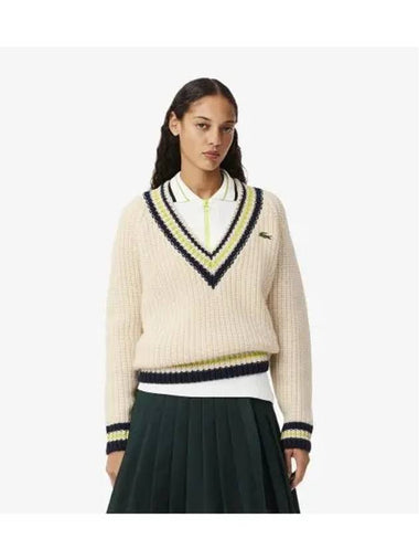 Women s V Neck Tennis Sweater Ivory - LACOSTE - BALAAN 1