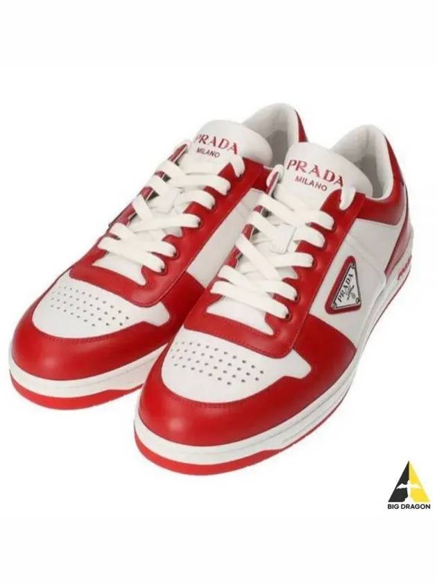 Men's Downtown Triangle Logo Leather Low Top Sneakers White Lacquer Red - PRADA - BALAAN 2