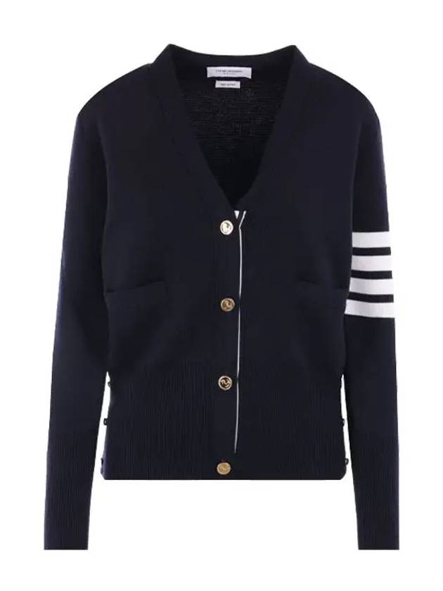 Milano Stitch 4 Bar Classic V Neck Fine Merino Wool Cardigan Navy - THOM BROWNE - BALAAN 2