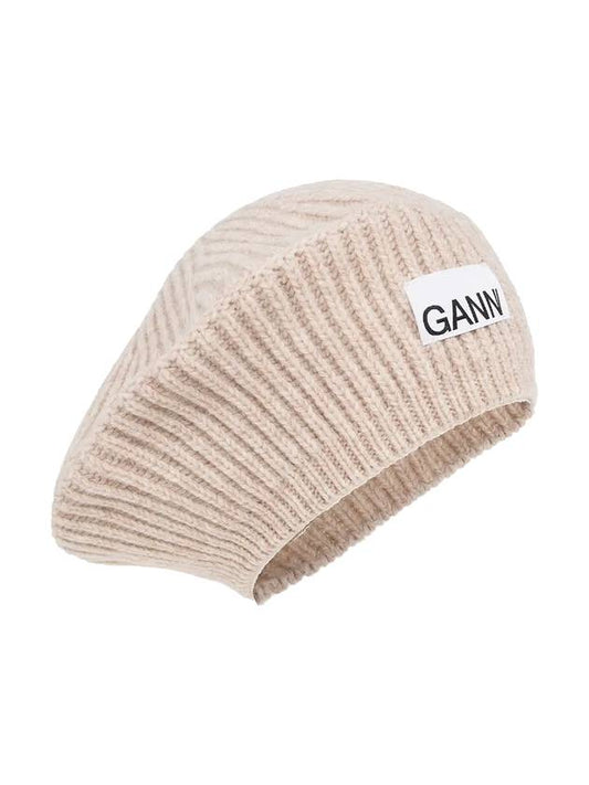 logo rib edge wool beret sand - GANNI - BALAAN.