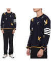 Cotton Merino Birds & Bees Intrasia 4 Bar Crew Neck Pullover Knit Top Navy - THOM BROWNE - BALAAN 3