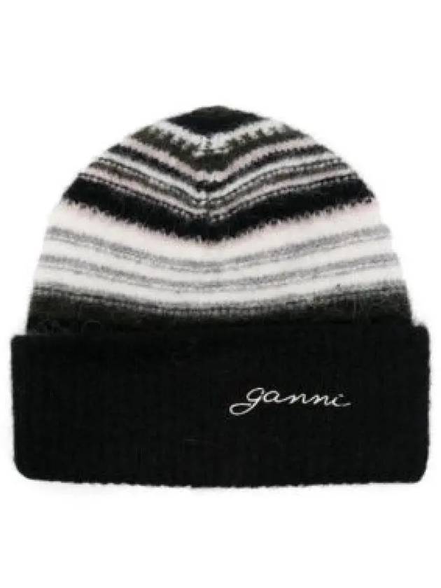 Stripe Soft Wool Beanie Black - GANNI - BALAAN 2