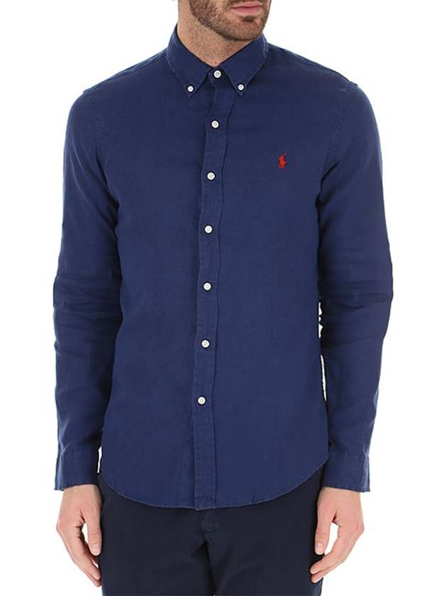 Embroidered Pony Linen Long Sleeve Shirt Navy - POLO RALPH LAUREN - BALAAN 4